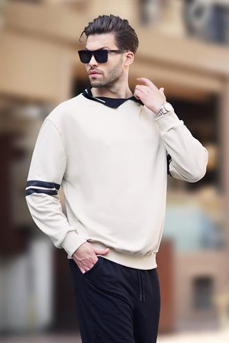 Bej Polo Yaka Oversize Kolu Şeritli Erkek Sweatshirt 7048