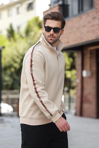 Bej Fermuarlı Yarım Balıkçı Yaka Erkek Sweatshirt E7164