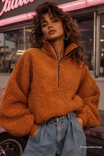 Kiremit Peluş Fermuar Yaka Sweatshirt MG1413