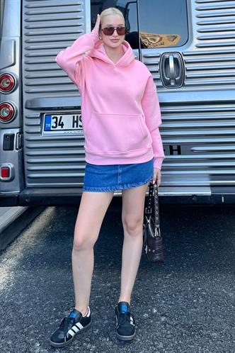 Pembe Kapüşonlu Şardonlu Oversize Cepli Sweatshirt MG2206