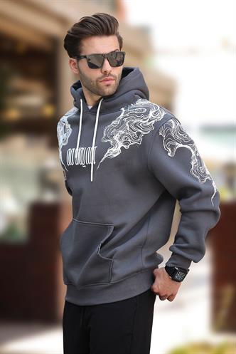 Füme Kapüşonlu Cep Detaylı Baskılı Erkek Sweatshirt 7052
