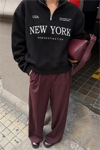 Siyah Yarım Fermuarlı Baskılı Sweatshirt MG2240