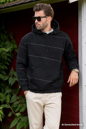 Siyah Kapüşonlu Cep Detaylı Çizgili Erkek Sweatshirt 7063