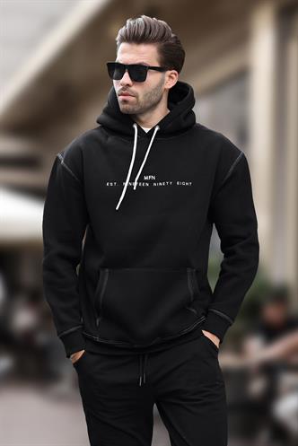 Siyah Kapüşonlu Nakış Detaylı Cepli Erkek Sweatshirt 7066