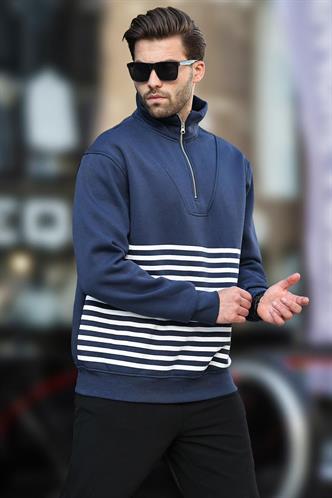 Lacivert Fermuar Yakalı Çizgili Sweatshirt 7056