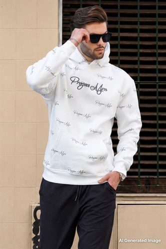 Ekru Baskılı Kapşonlu Cep Detaylı Erkek Sweatshirt 7075
