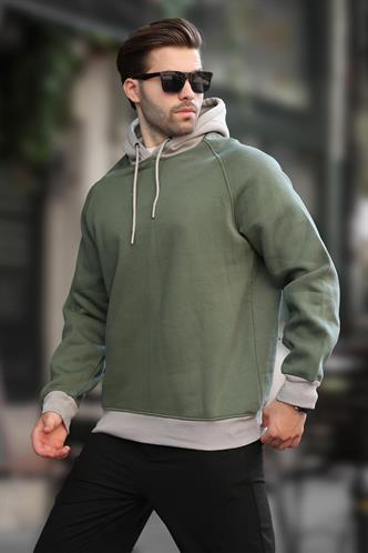 Haki Renk Bloklu Kapüşonlu Sweatshirt 7073
