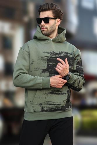 Haki Kapüşonlu Desenli Cep Detaylı Erkek Sweatshirt 7059