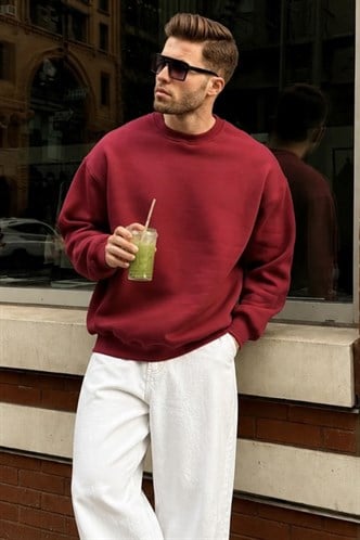 Bordo Bisiklet Yaka Oversize Şardonlu Basic Erkek Sweatshirt 6048