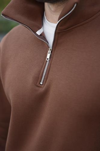 Kahverengi Fermuarlı Dik Yaka Kanguru Cep Erkek Sweatshirt E7159