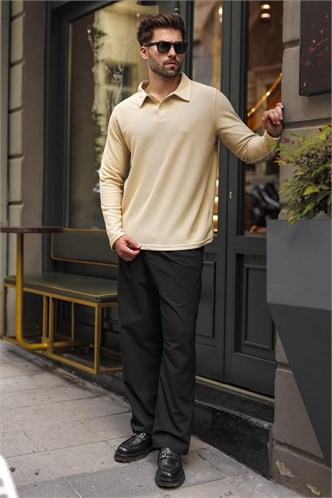 Bej Gömlek Yaka Dokulu Regular Fit Erkek Sweatshirt E7203