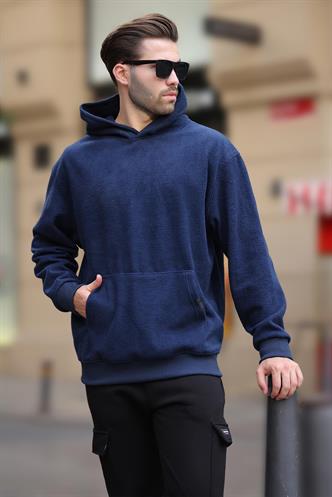 Lacivert Kapüşonlu Cep Detaylı Polar Erkek Sweatshirt 7093