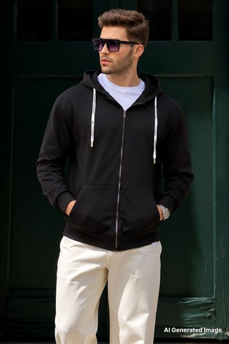 Siyah Fermuarlı Kapüşonlu Sweatshirt 6161
