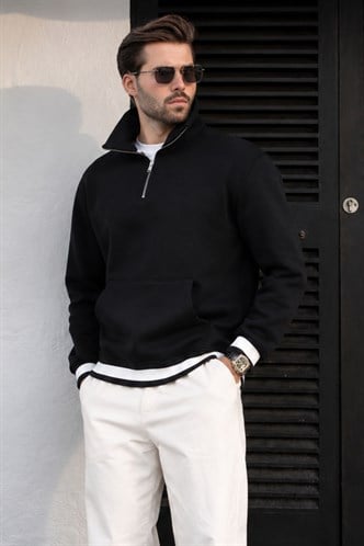 Siyah Fermuarlı Dik Yaka Kanguru Cep Erkek Sweatshirt E7159