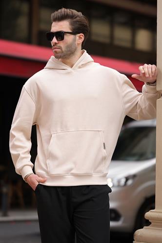 Bej Kapüşonlu Cep Detaylı Dokulu Sweatshirt E7101