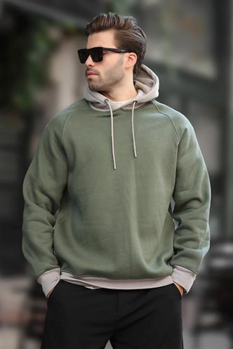 Haki Renk Bloklu Kapüşonlu Sweatshirt 7073