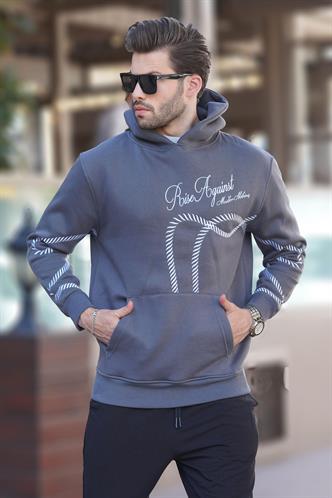 Füme Baskılı Kapşonlu Cep Detaylı Erkek Sweatshirt 7067