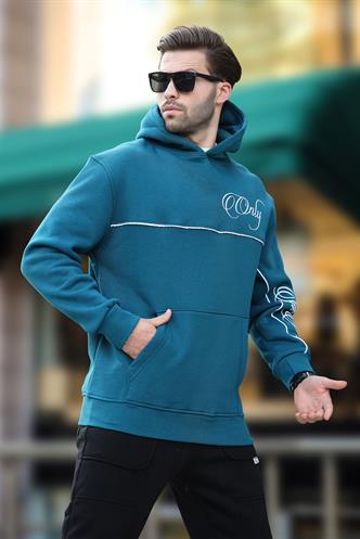 Petrol Mavisi Kapüşonlu Şerit Detaylı Baskılı Erkek Sweatshirt 7091