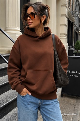 Acı Kahverengi Kapüşonlu Şardonlu Oversize Cepli Sweatshirt MG2206