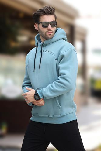 Mavi Kapüşonlu Cep Detaylı Nakışlı Erkek Sweatshirt 7054