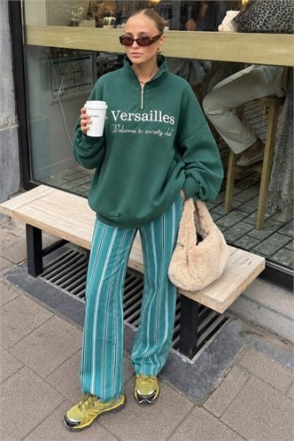 Yeşil Yarım Fermuarlı Baskılı Sweatshirt MG2240