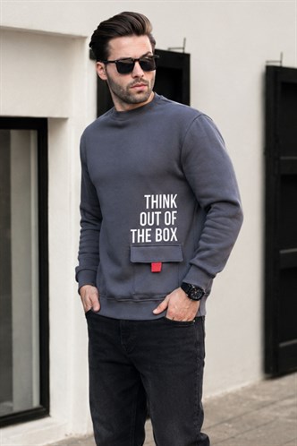 Füme Bisiklet Yaka Şardonlu Cep Detaylı Baskılı Erkek Sweatshirt 7061