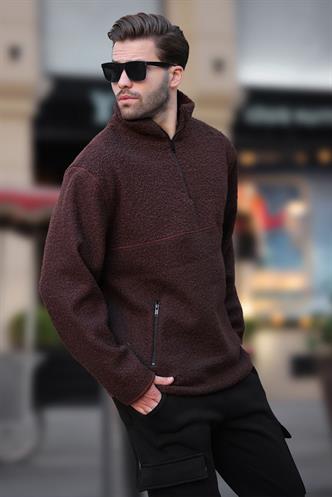 Acı Kahverengi Dik Yaka Yarım Fermuarlı Buklet Sweatshirt 7084