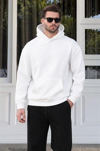 Ekru Kapüşonlu Kanguru Cep Erkek Sweatshirt E7169