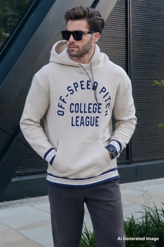 Bej Kapüşonlu Cep Detaylı Baskılı Erkek Sweatshirt 7068