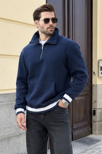 Lacivert Fermuarlı Dik Yaka Kanguru Cep Erkek Sweatshirt E7159