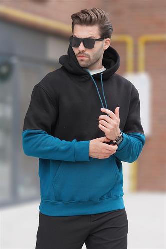 Siyah Kapüşonlu Renk Bloklu Baskı Detaylı Erkek Sweatshirt 7046