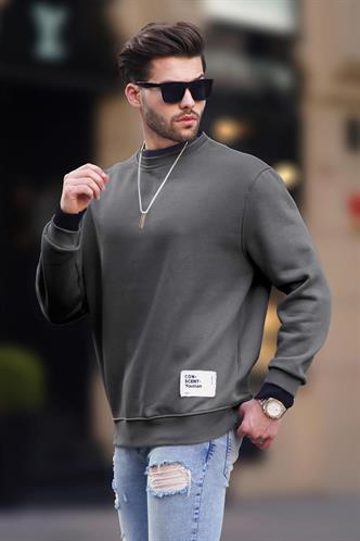 Füme Bisiklet Yaka Oversize Şardonlu Arma Detaylı Erkek Sweatshirt 7043