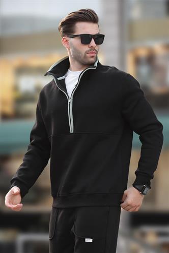 Siyah Dik Yaka Yarım Fermuarlı Sweatshirt 7079