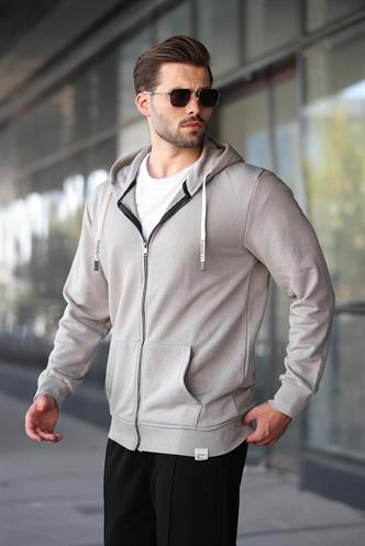 Boyalı Gri Fermuarlı Kapüşonlu Sweatshirt 6161