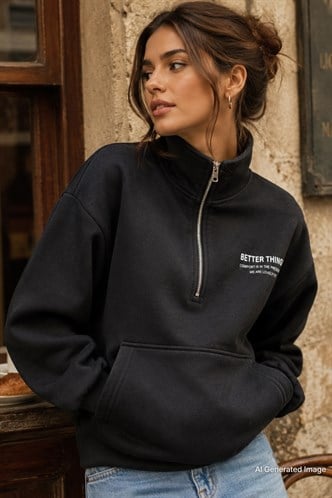 Siyah Dik Yaka Fermuarlı Kadın Sweatshirt MG1935
