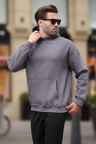 Füme Kapüşonlu Nakış Detaylı Sweatshirt 7099