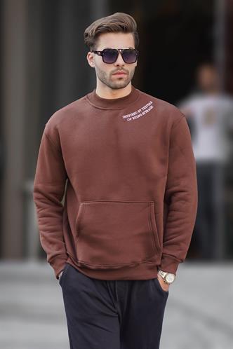 Acı Kahverengi Bisiklet Yaka Nakış Detaylı Cepli Erkek Sweatshirt 7049