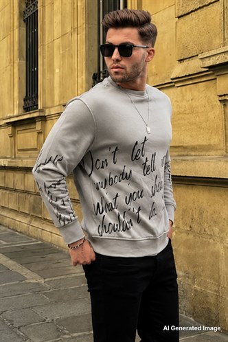 Boyalı Gri Baskılı Bisiklet Yaka Sweatshirt 6156