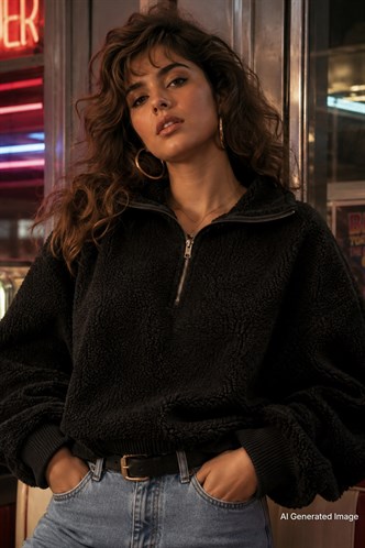 Siyah Peluş Fermuar Yaka Sweatshirt MG1413