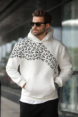 Ekru Baskılı Kapüşonlu Erkek Sweatshirt E7160