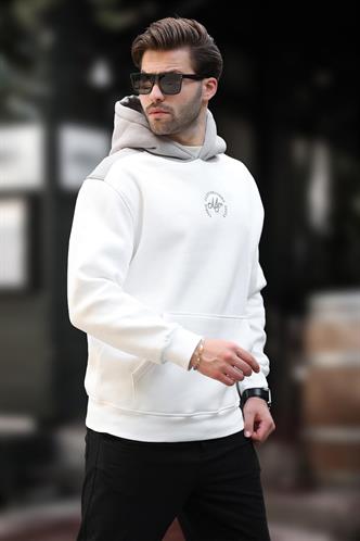 Ekru Kapüşonlu Renk Bloklu Nakış Detaylı Erkek Sweatshirt 7088