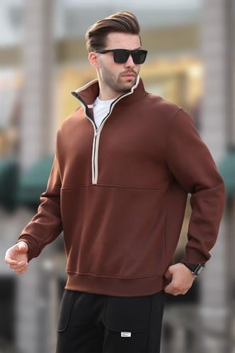 Acı Kahverengi Dik Yaka Yarım Fermuarlı Sweatshirt 7079