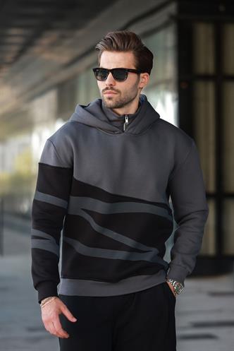 Füme Kapüşonlu Fermuar Yaka Desenli Erkek Sweatshirt E7162