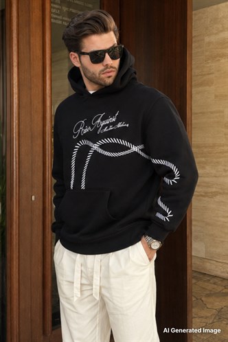 Siyah Baskılı Kapşonlu Cep Detaylı Erkek Sweatshirt 7067