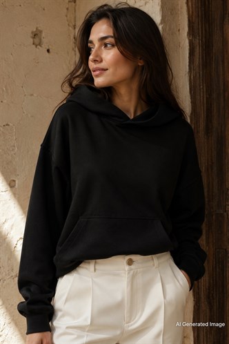 Siyah Kapüşonlu Oversize Cepli Sweatshirt MG2207