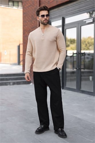 Bej Bisiklet Yaka Fermuar Detaylı Erkek Triko Sweatshirt E7209