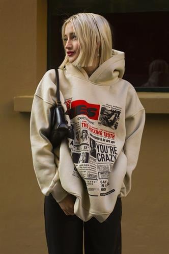 Beige Printed Oversize Hoodie Sweatshirt MG1581