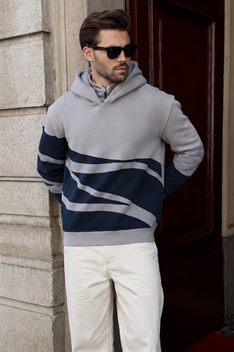 Boyalı Gri Kapüşonlu Fermuar Yaka Desenli Erkek Sweatshirt E7162
