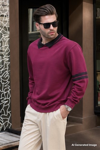 Bordo Polo Yaka Oversize Kolu Şeritli Erkek Sweatshirt 7048