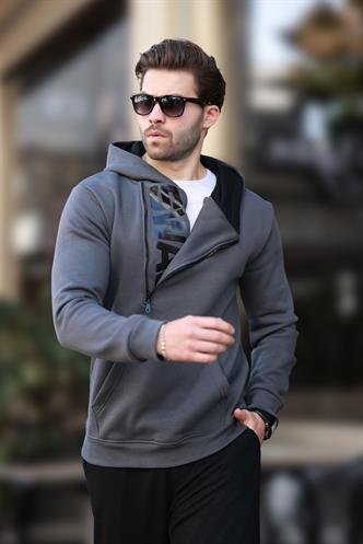 Smoke Gray Zipped Hoodie Sweatshirt 1767